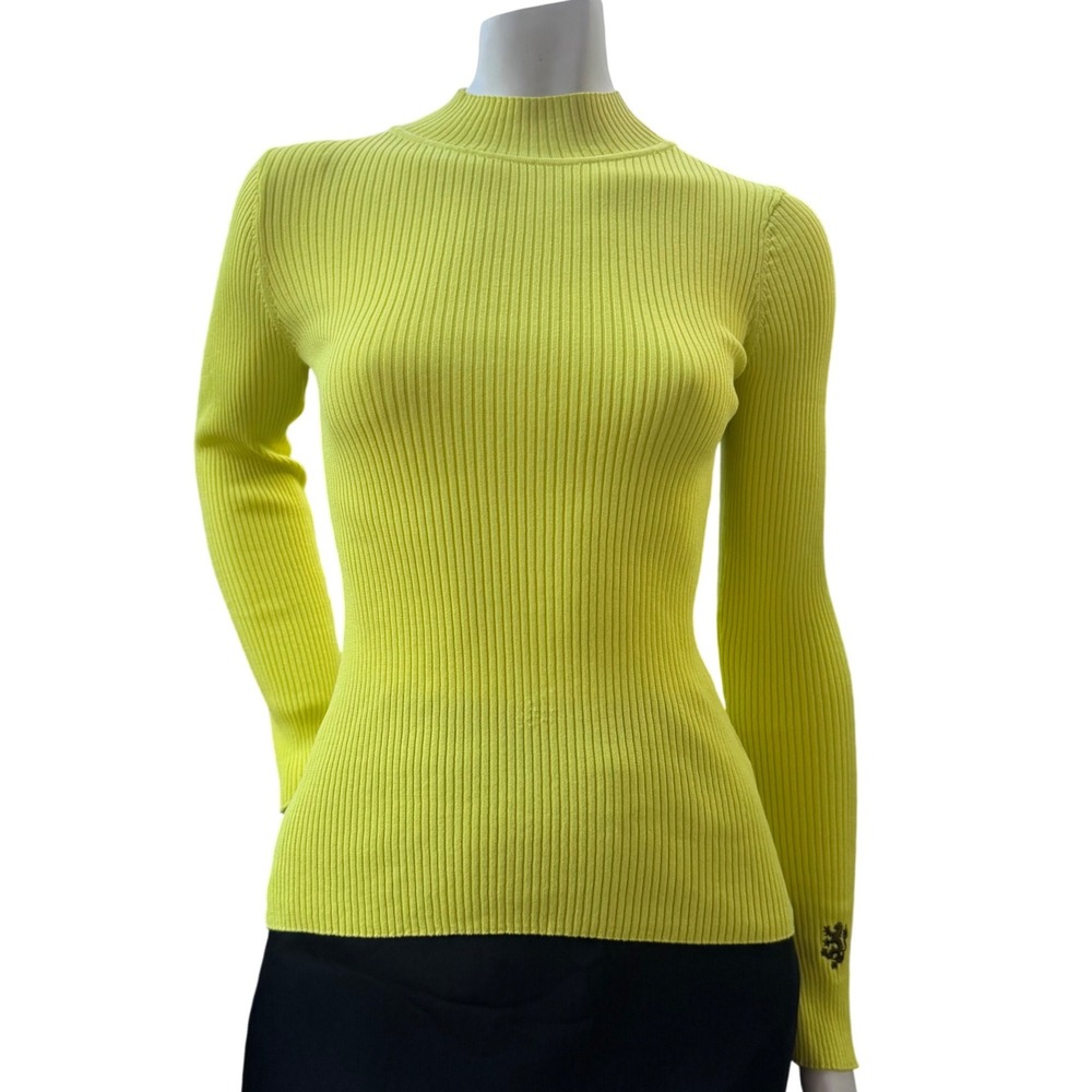 Pringle of Scotland x H&M Ribbed Mock Neck Sweater Neon Lime Lion Logo  Y2K M